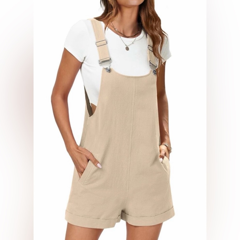 NEW! Fashion Clothing Cream Linen Short Overalls Jumper Romper Large